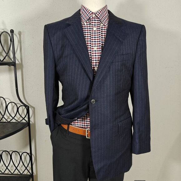 JOS A BANK Signature Gold Men's Sport Coat Blazer Two Button Navy Striped‎ 40R